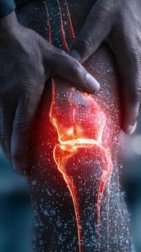 A vivid visualization of knee joint health showing inflammation and pain relief techniques, illustrating the importance of mobility and muscle care in maintaining dynamic body function.