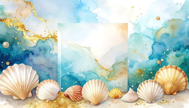 Seashells on Sandy Beach Background.