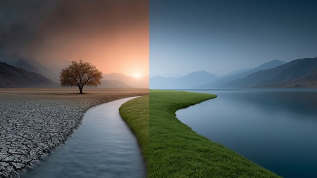 Split landscape showing contrasting environments: a dry cracked earth with a solitary tree on one side and a lush green riverbank with mountains on the other side