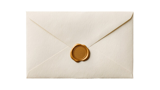 Cream colored envelope sealed with a golden wax stamp, isolated on transparent background