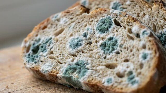 Moldy bread slices showing green and blue mold on surface. Natural lighting and wooden board setting highlight decay process. Concept of food safety, health awareness, culinary education