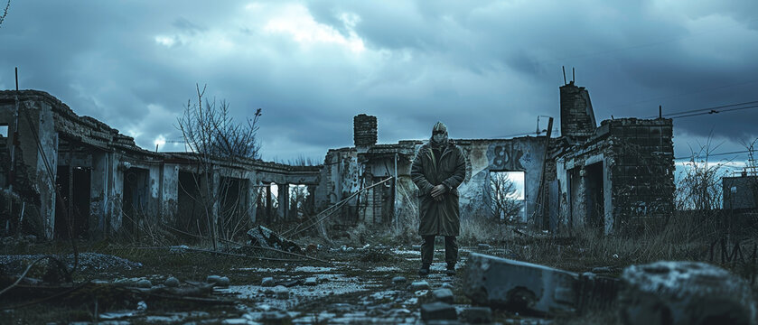 A solitary person in mask stands amid the ruins of a dilapidated structure under a somber sky. The image captures a poignant moment of isolation and the stark beauty of abandonment.