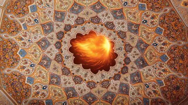 Sacred fire burning within an ornate Persian mosaic ceiling during a Zoroastrian festival.