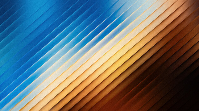 Grainy ribbed abstract background with diagonal stripes transitioning from blue to orange and dark brown, textured gradient pattern