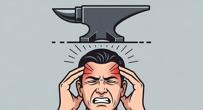 Man experiencing stress with a heavy anvil overhead symbol of burden