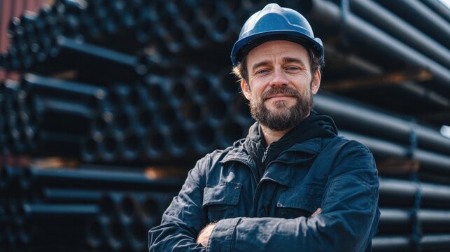 Confident male worker wearing a navy blue safety jacket and helmet, standing outdoors in an industrial setting with black metal pipes in the background