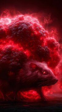 An Intriguing Transformation of a Pink Rodent Surrounded by Fiery Red Smoke, Presenting a Striking Visual Contrast in a Dark Setting
