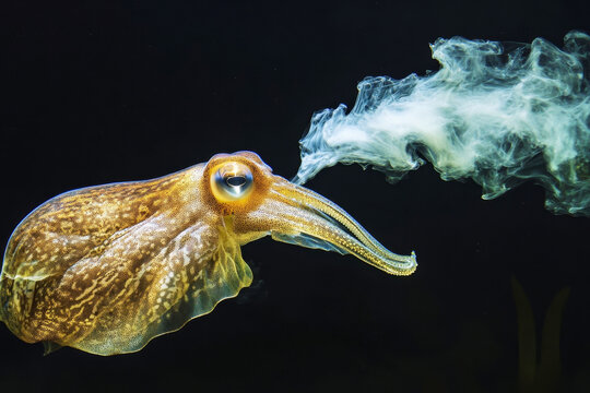 Close-up of golden cuttlefish with large eye releasing ink cloud into dark water, showcasing marine life defense mechanism and underwater beauty