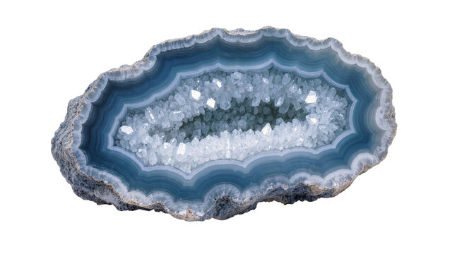 Blue banded agate geode with crystal cavity, isolated on transparent background