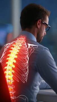 Visual Representation of Human Spine and Posture Analysis Featuring Radiant Spine Illustration in a Modern Office Environment