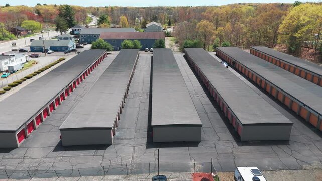 Strafing, higher altitude, footage of a storage facility in East Greenwich, RI shot with a drone.