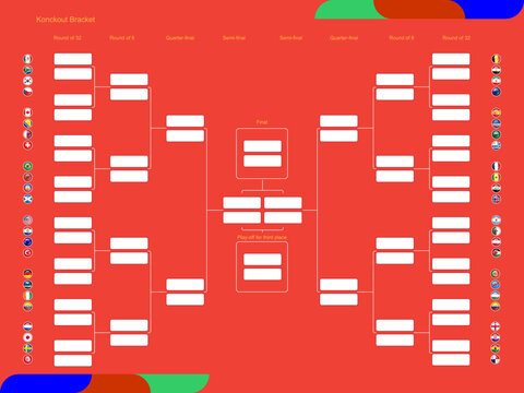 Football world tournament 2026 knockout stage bracket vector featuring red background with national flag icons and structured path from round of 32 to final.