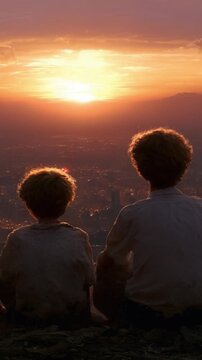 Two Children Watching a Breathtaking Sunset Over a Cityscape, Capturing the Beauty of Nature and the Essence of Childhood in A Peaceful and Reflective Moment.