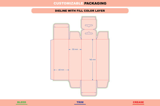 Flat dieline template for agarbatti packaging box with hanging hole, fold lines, and trim guides in format