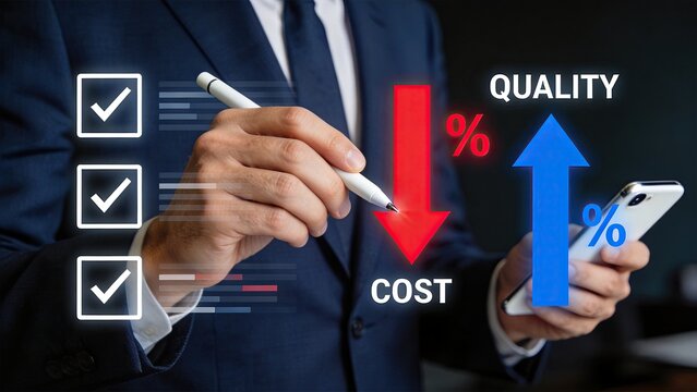 Businessman analyzing cost reduction and quality improvement charts, financial growth strategy concept, economic efficiency optimization, corporate performance metrics with upward