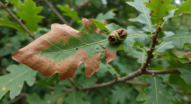 Close up of oak leaf with gall and autumn colors.