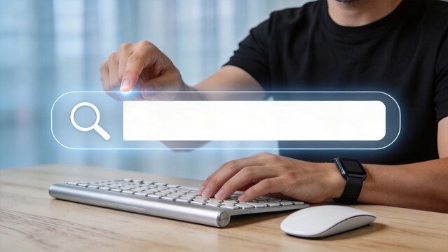 Man typing on keyboard using futuristic search bar interface for SEO, digital marketing research, and online information finding technology.