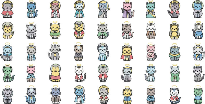 Diverse group of adorable cartoon cats dressed in saintly attire with halos, showcasing different emotions.