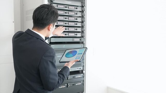 サーバーを点検する男性エンジニア