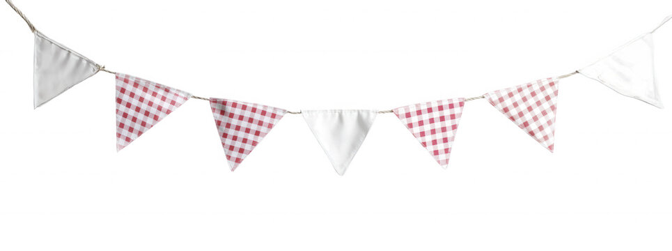 Party bunting garland featuring red gingham and white fabric flags, celebrating events on transparent background
