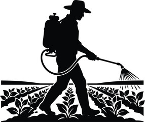 Obraz premium Silhouette of a farmer spraying pesticides on crops in the field, representing industrial agriculture and pest control