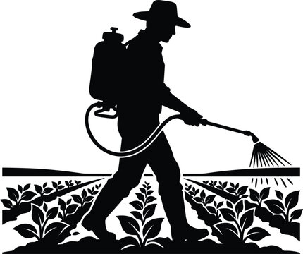 Silhouette of a farmer spraying pesticides on crops in the field, representing industrial agriculture and pest control