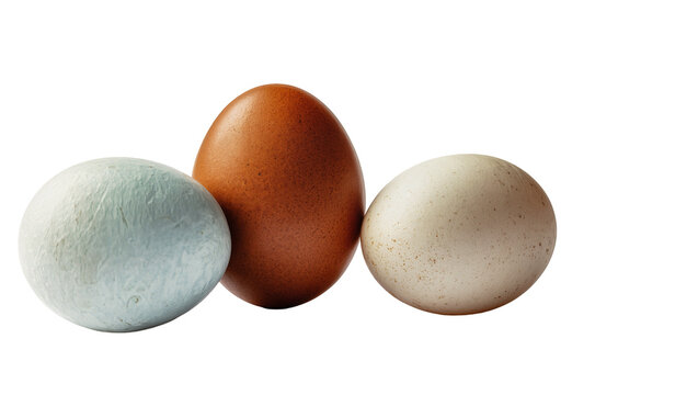 Three assorted chicken eggs brown white and blue, isolated on transparent background
