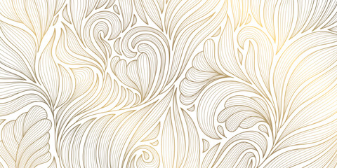 Fototapeta premium Luxury Art Deco floral pattern with elegant gold line leaves, flowing wave elements background. Vector illustration Japanese ornament with tropical foliage, wallpaper, tea packaging, summer decor.