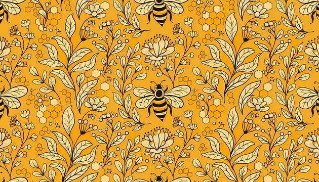 Luxury honey bee seamless pattern with floral garden and golden nature details