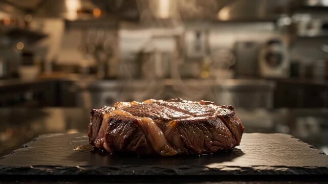 A perfectly seared, marbled ribeye steak rests on a black slate platter in a commercial restaurant kitchen, with rising steam showcasing its fresh, cooked doneness.