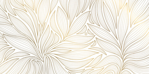 Fototapeta premium Luxury Art Deco floral pattern with elegant gold line leaves, flowing wave elements background. Vector illustration Japanese ornament with tropical foliage, wallpaper, tea packaging, summer decor.