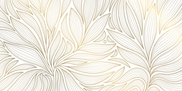 Luxury Art Deco floral pattern with elegant gold line leaves, flowing wave elements background. Vector illustration Japanese ornament with tropical foliage, wallpaper, tea packaging, summer decor.