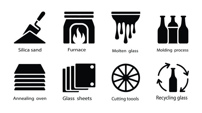 glass manufacturing process infographic set including silica sand furnace molten glass and recycling, industrial production workflow diagram for factory education and engineering vector illustration.