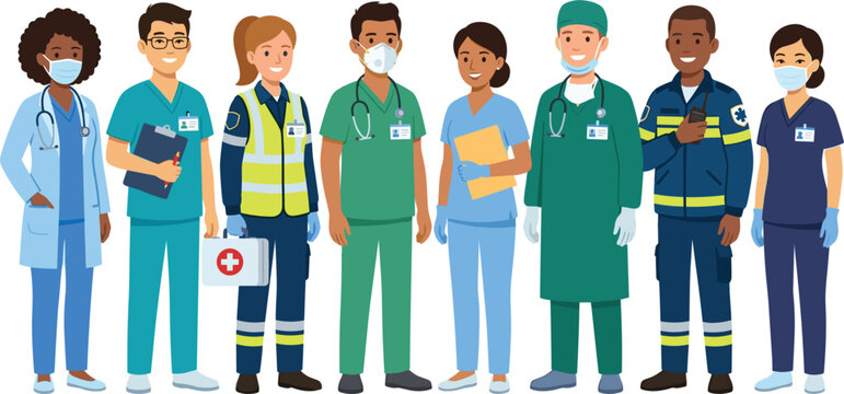 Group of diverse medical professionals, healthcare workers, doctors, nurses and first responders, for hospital teamwork design