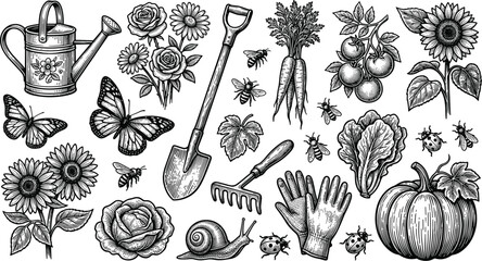 Collection of vintage garden and backyard agriculture icons including watering can shovel vegetables and flowers for organic gardening and hobby farming design © Sanjina