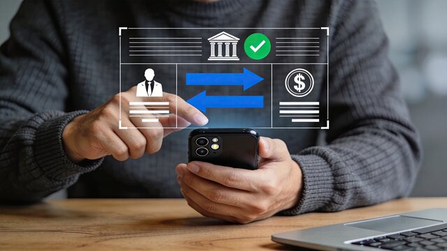 Person holding smartphone with holographic display showing bank transfer payment transaction, secure financial exchange between accounts, mobile banking application for digital