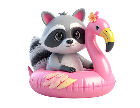 Cute Raccoon on Flamingo Pool Float