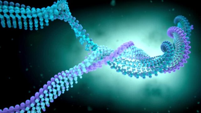 Abstract 3D animation of glowing DNA strands twisting and flowing in a futuristic scientific environment with genetic sequencing and biotechnology visuals.