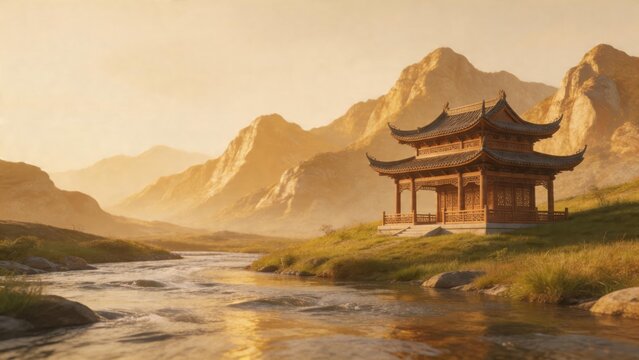 Traditional pavilion by mountain stream