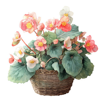 Begonia Basket, watercolor drawing vector, isolated on a white background.