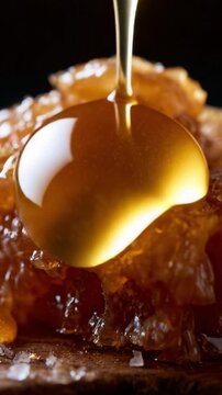 A Close-Up Glimpse of Dripping Honey on Glorious Honeycomb, Showcasing the Rich, Golden Color and Luxurious Texture of Nature&rsquo;s Sweetest Treats