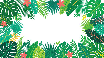 Tropical jungle leaves frame with monstera palm foliage and exotic hibiscus flowers for summer vacation and beach party background © Sanjina
