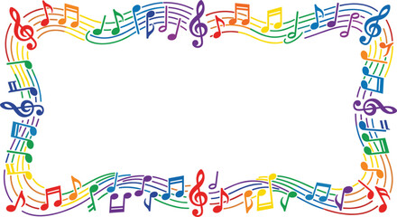 Colorful musical note frame with rainbow wavy staff lines and treble clefs for creative music festival and education event background © Sanjina