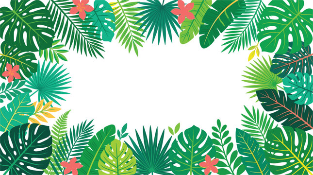 Tropical jungle leaves frame with monstera palm foliage and exotic hibiscus flowers for summer vacation and beach party background