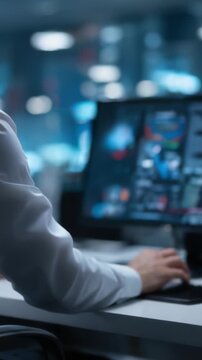 Focused Professional Analyzes Data on Computer Screen in a Modern Control Room Filled with Advanced Technology and Digital Interfaces