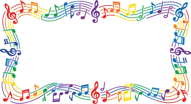 Colorful musical note frame with rainbow wavy staff lines and treble clefs for creative music festival and education event background