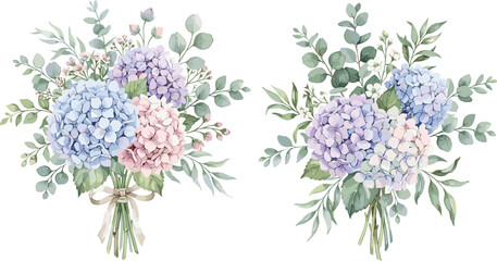 Elegant watercolor hydrangea bouquets with blue pink and purple flowers and eucalyptus greenery for romantic wedding invitations © Sanjina