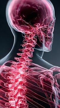 An Intricate View of Human Anatomy: Illuminated Spine and Skull showcasing the Complexity of the Nervous System and Skeletal Framework with Dynamic Visualization Techniques