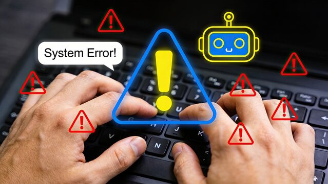 System error alert on laptop keyboard, hands typing with warning icons and robot assistant symbolizing technical failure, IT support concept for troubleshooting software bugs and