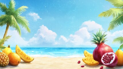 Obraz premium Tropical Fruits on Beach, Sunny Day, Background